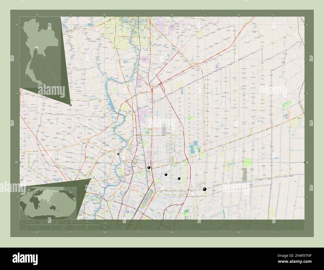 Pathum Thani, province de Thaïlande. Ouvrez la carte des rues. Lieux des principales villes de la région. Cartes d'emplacement auxiliaire d'angle Banque D'Images