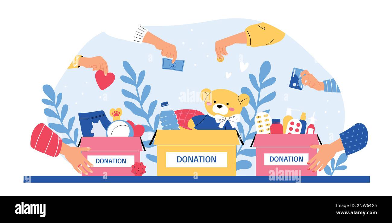 Concept plat de charité avec les mains humaines prenant l'argent et diverses choses dans des boîtes de dons illustration vectorielle Illustration de Vecteur