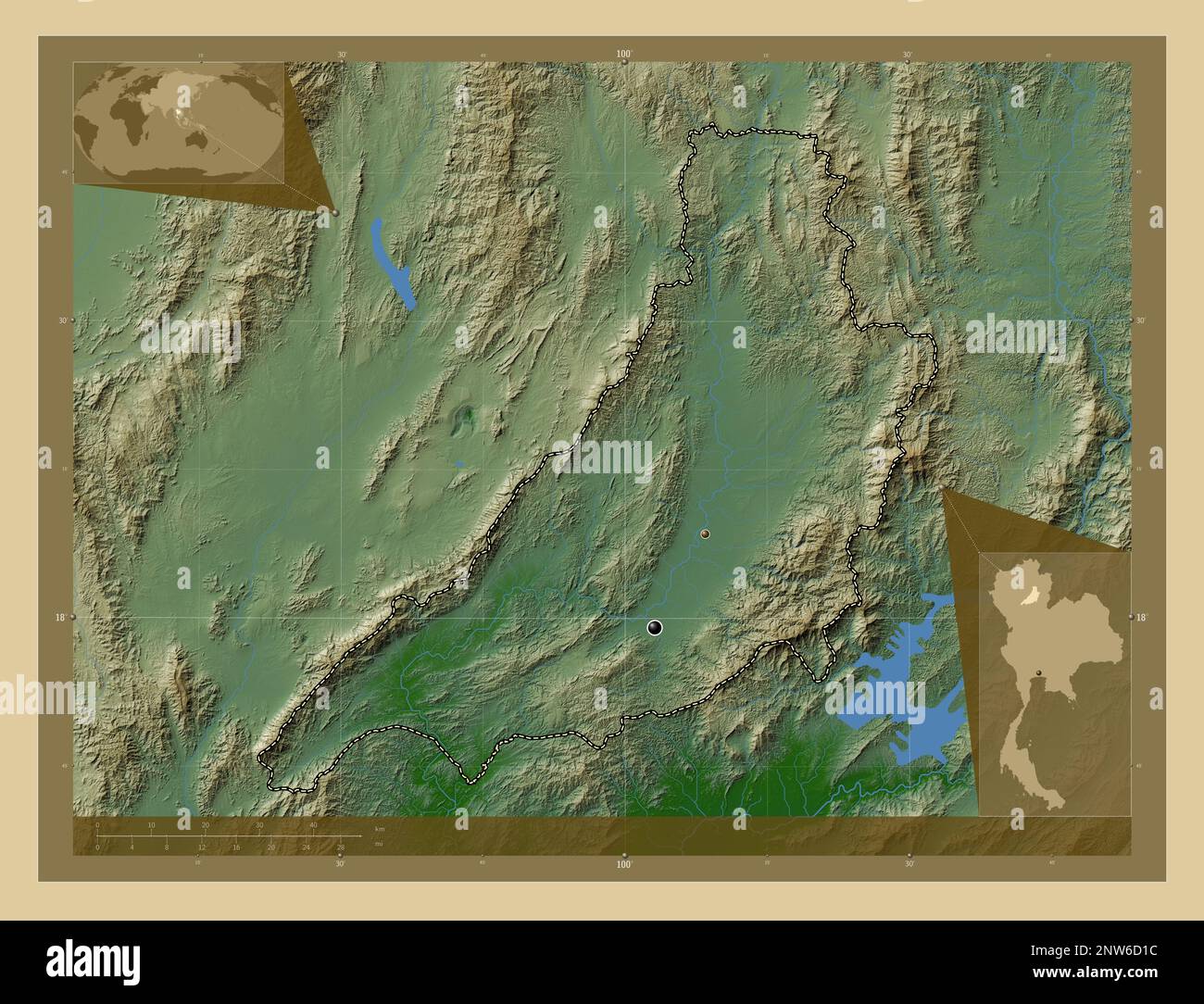 Phrae, province de Thaïlande. Carte d'altitude en couleur avec lacs et rivières. Lieux des principales villes de la région. Cartes d'emplacement auxiliaire d'angle Banque D'Images