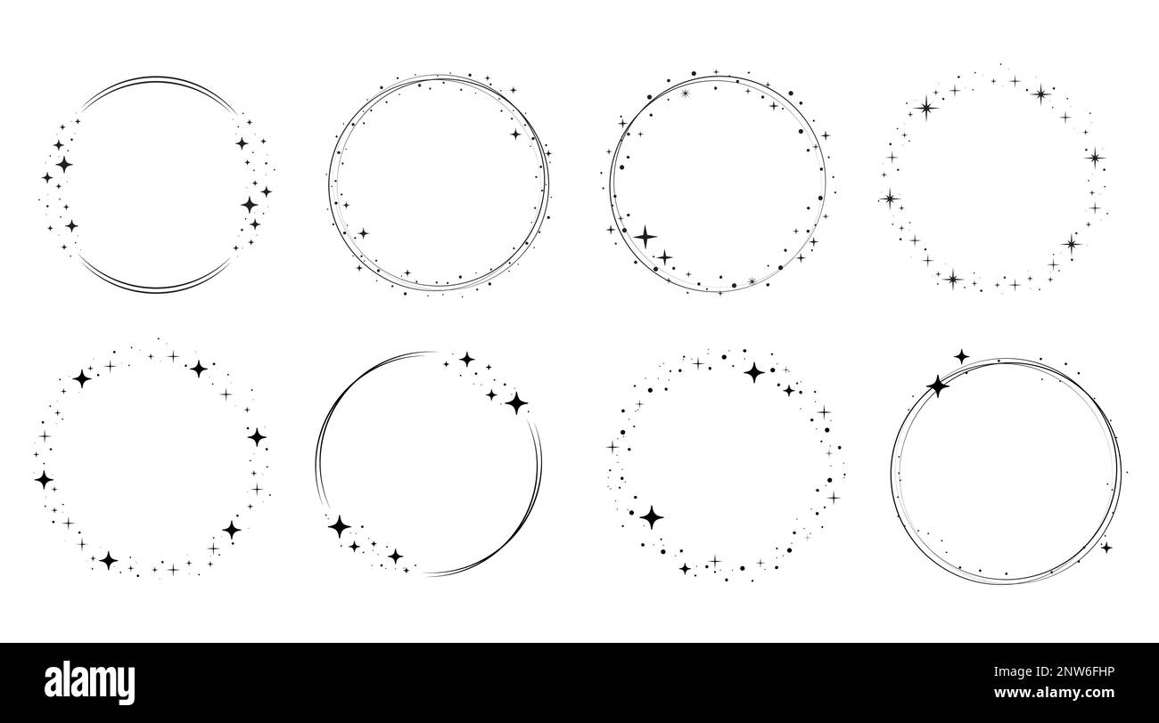 Ensemble de cadres de bordure circulaire en étoile. Cadre en forme de cercle brillant. Couronne ronde bordure stardust pour fête, décoration d'anniversaire. Cadre Laurel brillant cosmique. Illustration vectorielle. Illustration de Vecteur