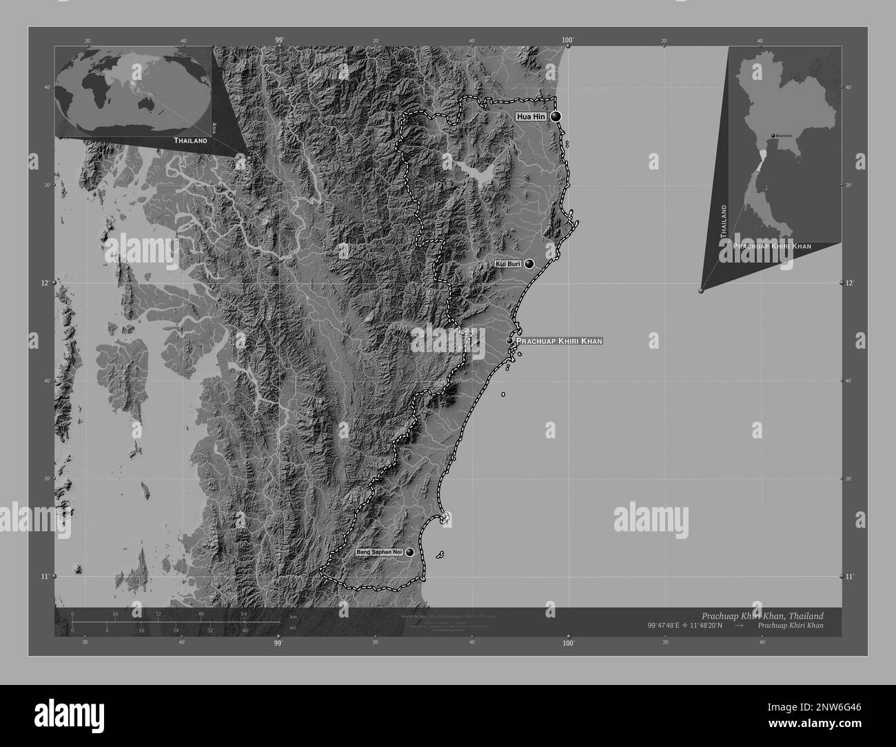 Prachuap Khiri Khan, province de Thaïlande. Carte d'altitude à deux niveaux avec lacs et rivières. Lieux et noms des principales villes de la région. Angle auxi Banque D'Images