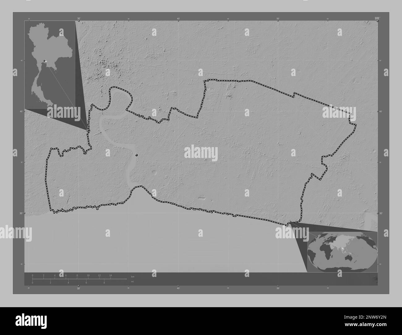 Samut Prakan, province de Thaïlande. Carte d'altitude en niveaux de gris avec lacs et rivières. Cartes d'emplacement auxiliaire d'angle Banque D'Images