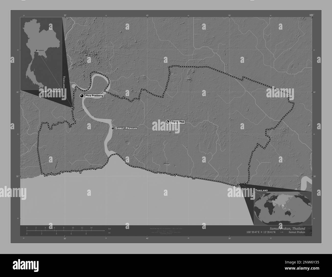 Samut Prakan, province de Thaïlande. Carte d'altitude à deux niveaux avec lacs et rivières. Lieux et noms des principales villes de la région. Angle auxiliaire l Banque D'Images