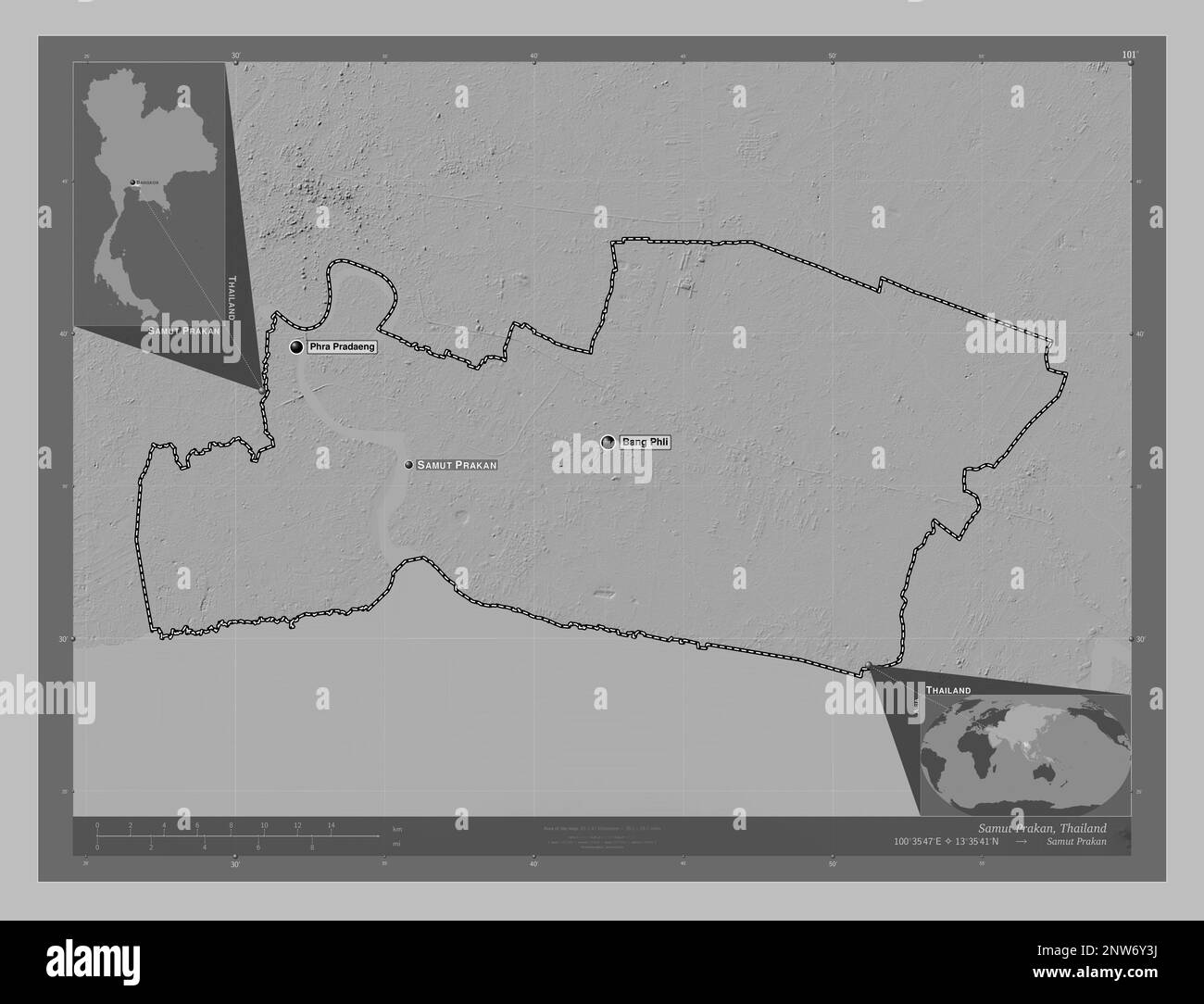 Samut Prakan, province de Thaïlande. Carte d'altitude en niveaux de gris avec lacs et rivières. Lieux et noms des principales villes de la région. Coin auxiliaire Banque D'Images