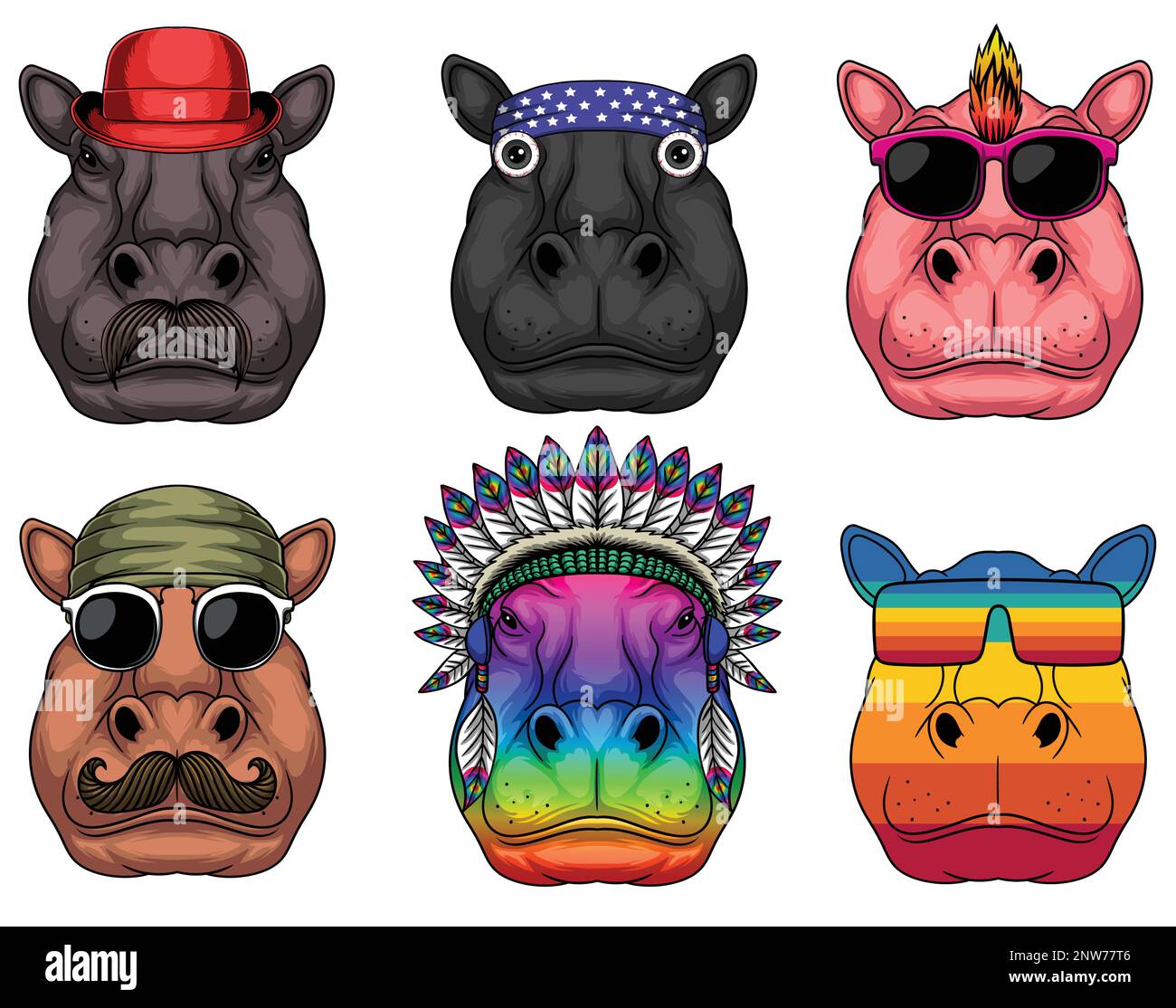 Collection Hippo Fashion Set pour votre entreprise ou marque Illustration de Vecteur