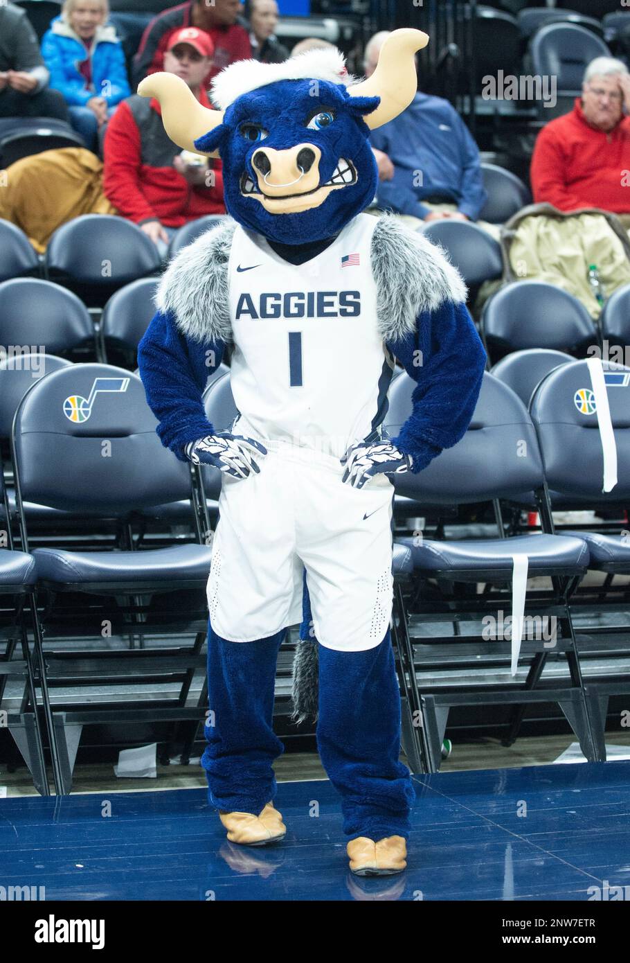 SALT LAKE CITY, UT - DECEMBER 08: The Utah State mascot Big Blue just before a game between the Weber State Wildcats and the Utah State Aggies on December 08, 2018, at Vivint Smart Smart Home Arena in Salt Lake City, Utah.(Photo by Boyd Ivey/Icon Sportswire) (Icon Sportswire via AP Images) Banque D'Images