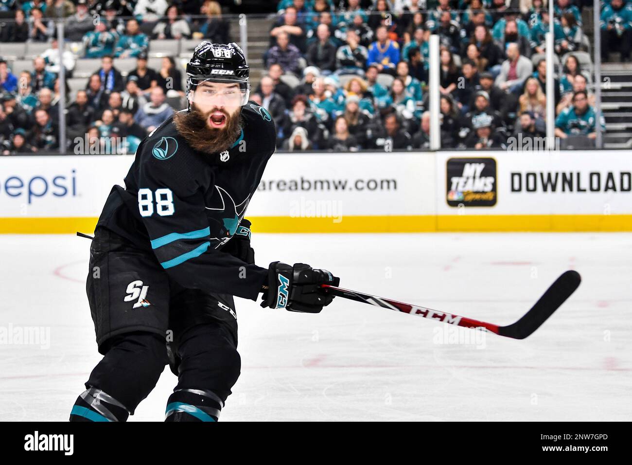 December 13, 2018: San Jose Sharks defenseman Brent Burns (88) in action during the NHL game between the Dallas Stars and the San Jose Sharks at SAP Center in San Jose, California. Chris Brown/CSM(Credit Image: © Chris Brown/CSM via ZUMA Wire) (Cal Sport Media via AP Images) Banque D'Images