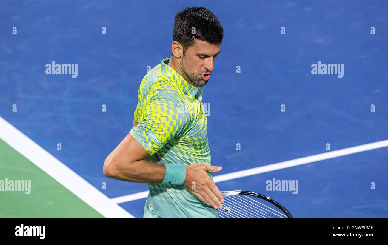 Dubaï, Émirats arabes Unis. 28 février 2023, Dubaï, Émirats arabes Unis. 28 février 2023, Novak Djokovic de Serbie célèbre après avoir gagné le point de match contre Tomas Machac de République tchèque lors de leur ATP 500 Dubai Duty Free tennis Championships 2023 R32 match sur 28 février 2023 à Dubaï, Émirats Arabes Unis. Photo de Victor Fraile / Power Sport Images Banque D'Images