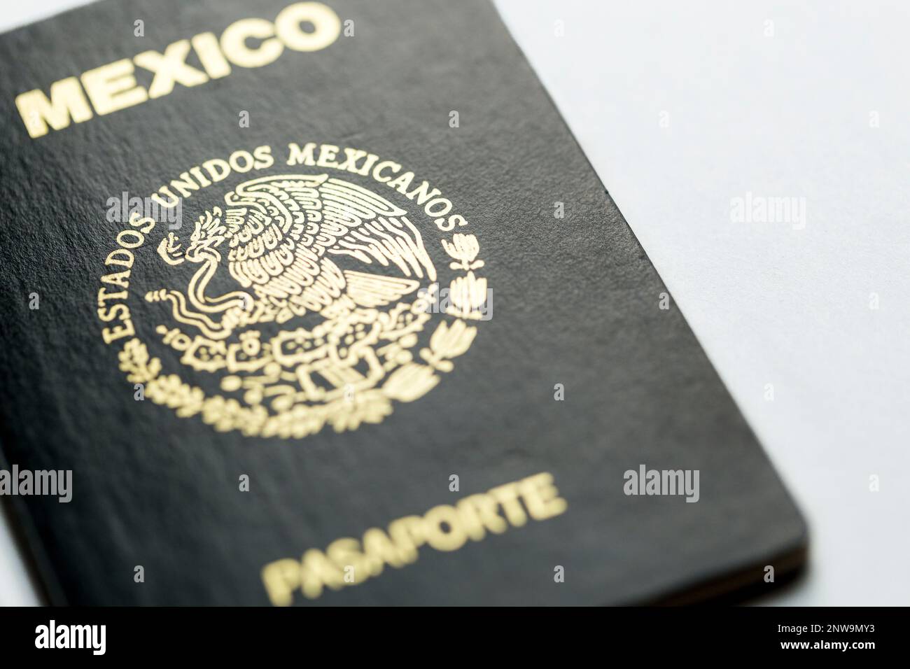 Gros plan de la couverture verte du passeport mexicain sur une surface blanche avec le mot