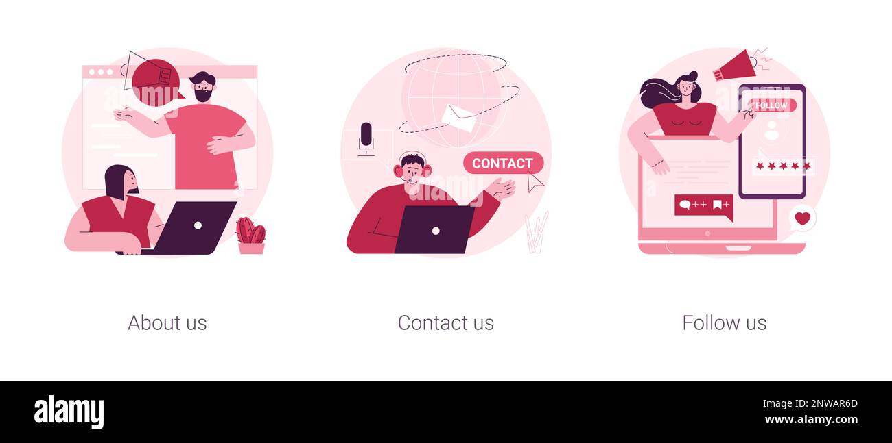 Jeu d'illustrations vectorielles abstraites de concepts d'informations sur l'entreprise. À propos de nous, contact et suivre sur les médias sociaux, s'abonner à la lettre d'information, se connecter, page Web de démarrage, métaphore de résumé d'affaires. Illustration de Vecteur