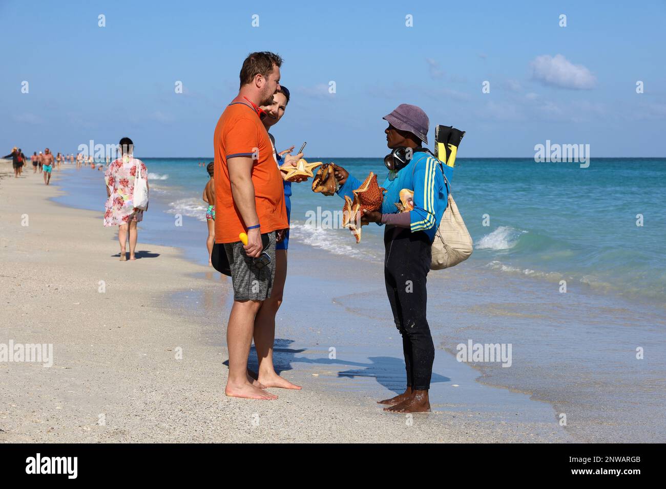 Black man propose des étoiles de mer séchées et des coquillages aux touristes sur la plage. Vendeur de souvenirs sur le complexe tropical Banque D'Images