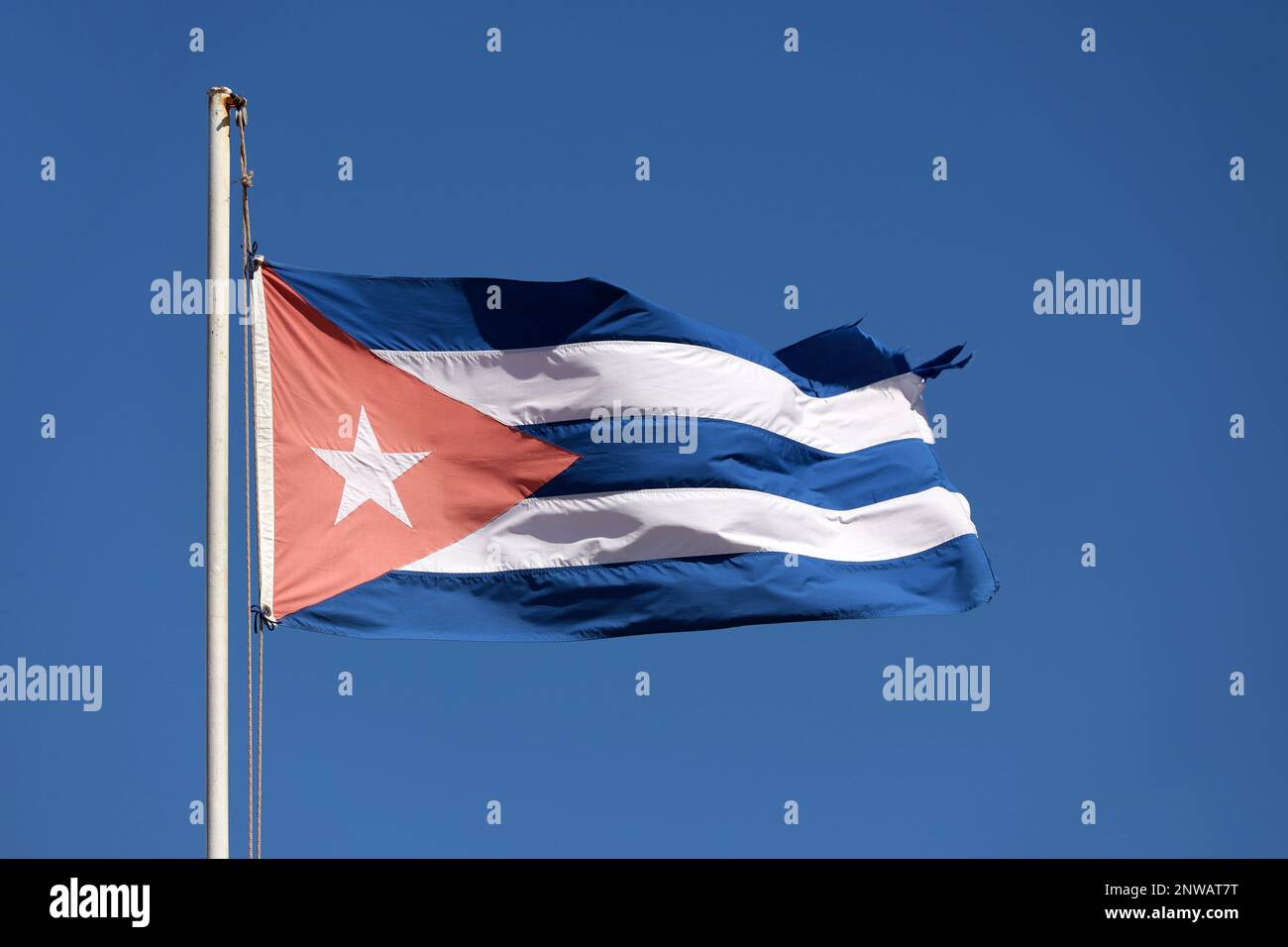 Le drapeau national de Cuba agite contre le ciel bleu Banque D'Images