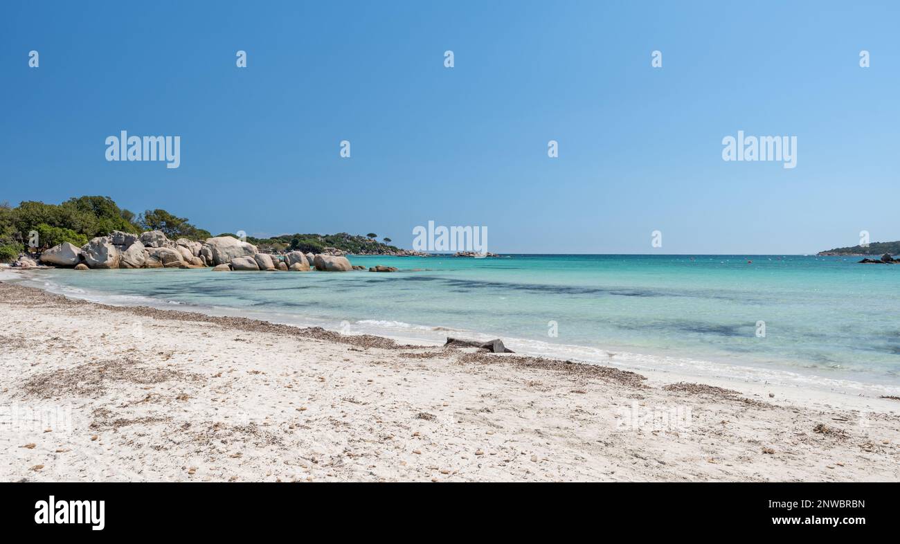 La plage de Santa Giulia à Porto-Vecchio en Corse, sable fin et eau bleue cristalline, rochers de granit Banque D'Images