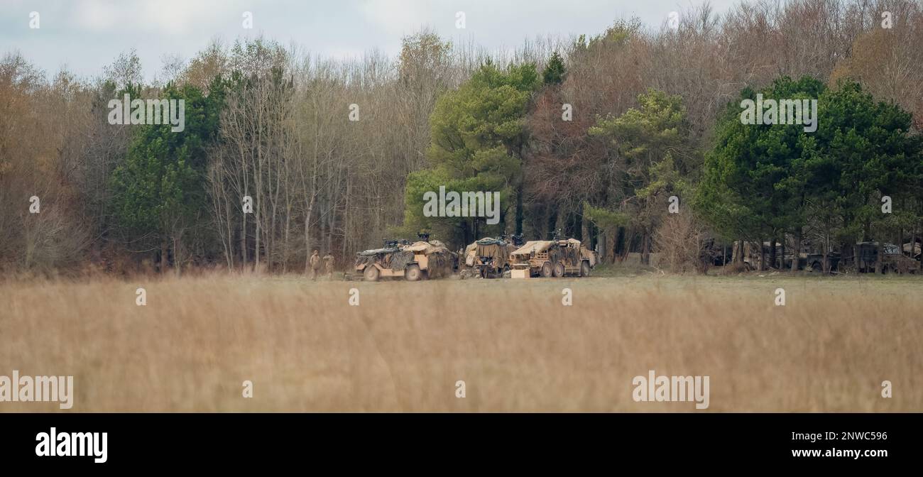 armée britannique Supacan Coyote 6x6 et Jackal 4x4 assaut rapide, pompiers et véhicules de reconnaissance dans un camp, Wiltshire Royaume-Uni Banque D'Images