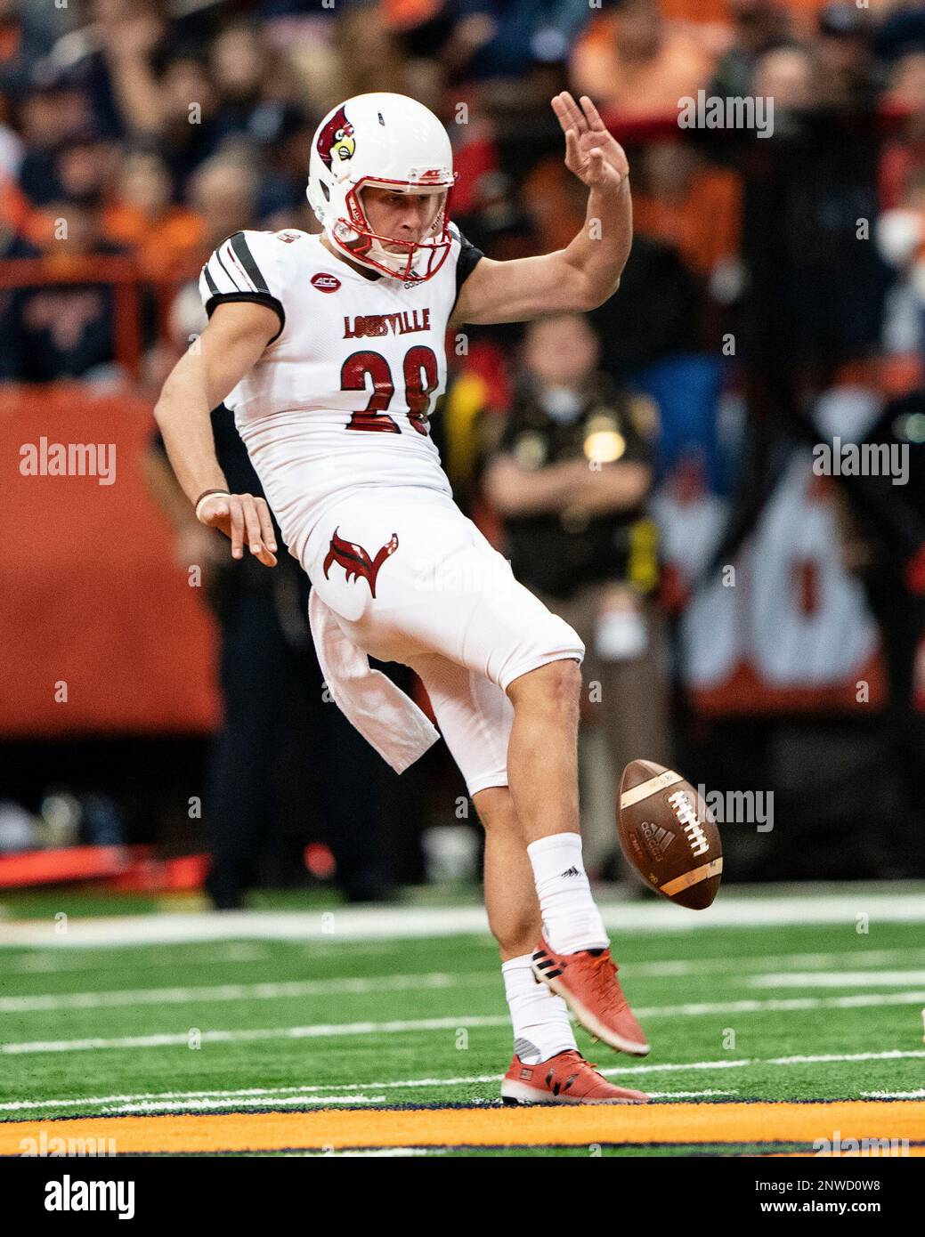 SYRACUSE, NY - NOVEMBER 09: Louisville Cardinals Punter Mason King (28) kicks a punt during the first quarter of the Louisville Cardinals versus the Syracuse Orange game on November 9, 2018, at Carrier Dome in Syracuse, NY. (Photo by Gregory Fisher/Icon Sportswire) (Icon Sportswire via AP Images) Banque D'Images