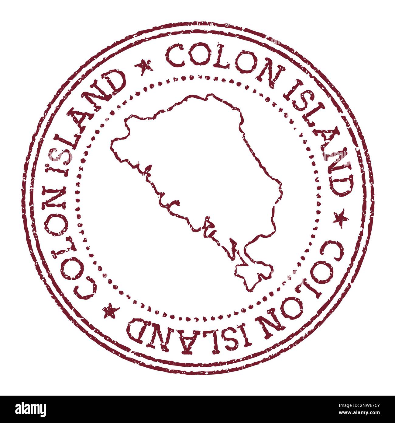 Timbre rond en caoutchouc de l'île du côlon avec carte de l'île. Timbre passeport rouge vintage avec texte circulaire et étoiles, illustration vectorielle. Illustration de Vecteur