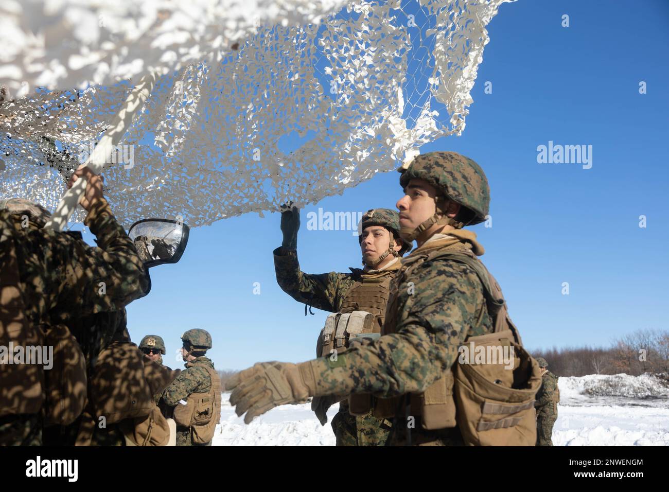 ÉTATS-UNIS Marines avec 3D Bataillon, 12th Marines utilisent des filets de camouflage artique pour la dissimulation pendant le programme d'entraînement à la réinstallation de l'Artillerie 22,4 dans la zone de manœuvre de Yusubetsu, Hokkaido, Japon, 30 janvier 2023. Les compétences développées à l'ARTP augmentent la compétence et la préparation de la seule unité d'artillerie déployée en permanence dans le corps des Marines, leur permettant de fournir des feux indirects de précision. Banque D'Images