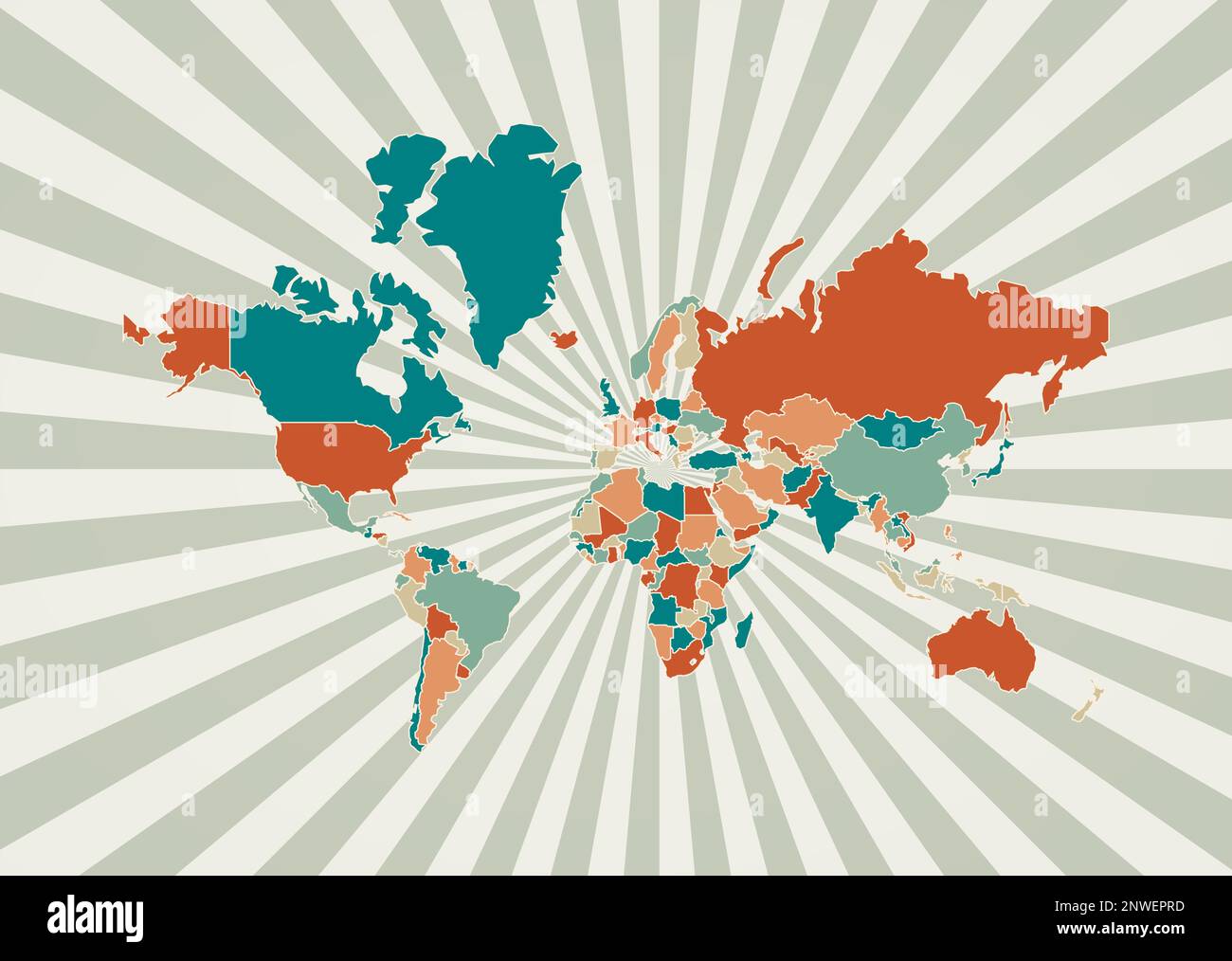 La carte du monde. Affiche avec carte du monde dans une palette de couleurs  rétro. Bordure avec arrière-plan rayons solaires. Illustration vectorielle  Image Vectorielle Stock - Alamy