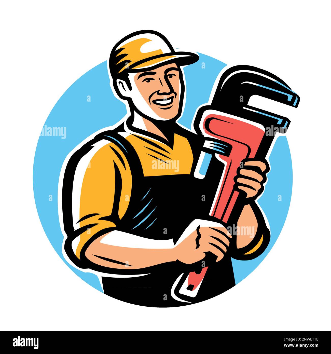 Ouvrier de service heureux, constructeur avec clé réglable. Atelier, emblème de bâtiment, logo. Illustration du vecteur de travail de réparation Illustration de Vecteur