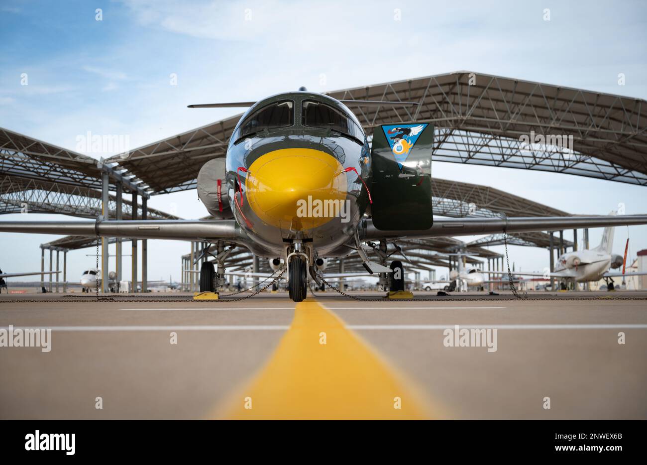 Un T-1A Jayhawk se dresse fièrement sur la ligne aérienne à la base aérienne de Vance, Oklahoma, le 10 janvier. La peinture verte et jaune représente les couleurs du patrimoine de l'escadron d'entraînement de vol 3rd. Banque D'Images