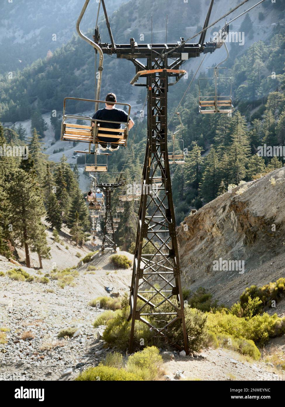 Mount San Antonio, Californie, États-Unis - 31 juillet 2017 - les visiteurs descendent du mont Baldy sur la chaise de PIN de sucre ascenseur #1 Banque D'Images