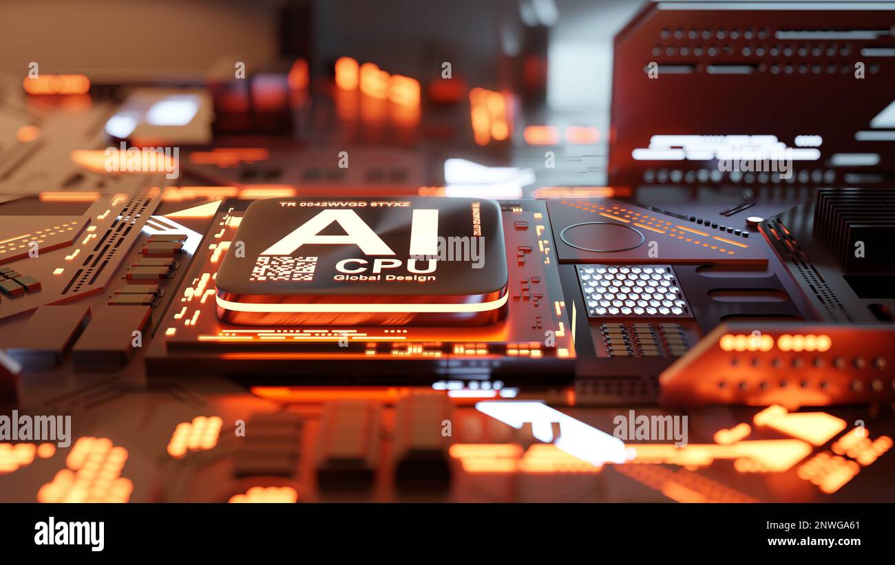 Un processeur IA Artificial Intelligence qui contrôle les tâches quotidiennes. 3D contexte technologique Banque D'Images