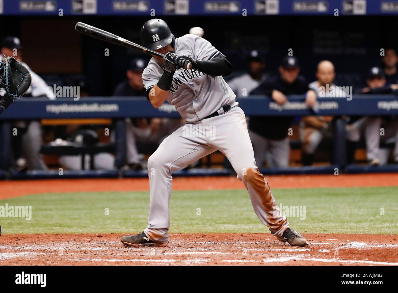 ST. PETERSBURG, FL - SEPTEMBER 27: New York Yankees catcher Austin Romine (28) avoids being hit by a pitch behind his head during the regular season MLB game between the New York Yankees and Tampa Bay Rays on September 27, 2018 at Tropicana Field in St. Petersburg, FL. (Photo by Mark LoMoglio/Icon Sportswire) (Icon Sportswire via AP Images) Banque D'Images