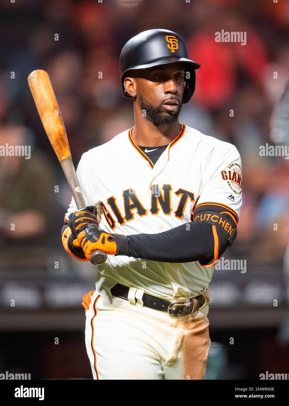 August 28, 2018: San Francisco Giants right fielder Andrew McCutchen (22) walks up to the plate, during a MLB game between the Arizona Diamondbacks and the San Francisco Giants at AT&T Park in San Francisco, California. Valerie Shoaps/CSM(Credit Image: © Valerie Shoaps/CSM via ZUMA Wire) (Cal Sport Media via AP Images) Banque D'Images
