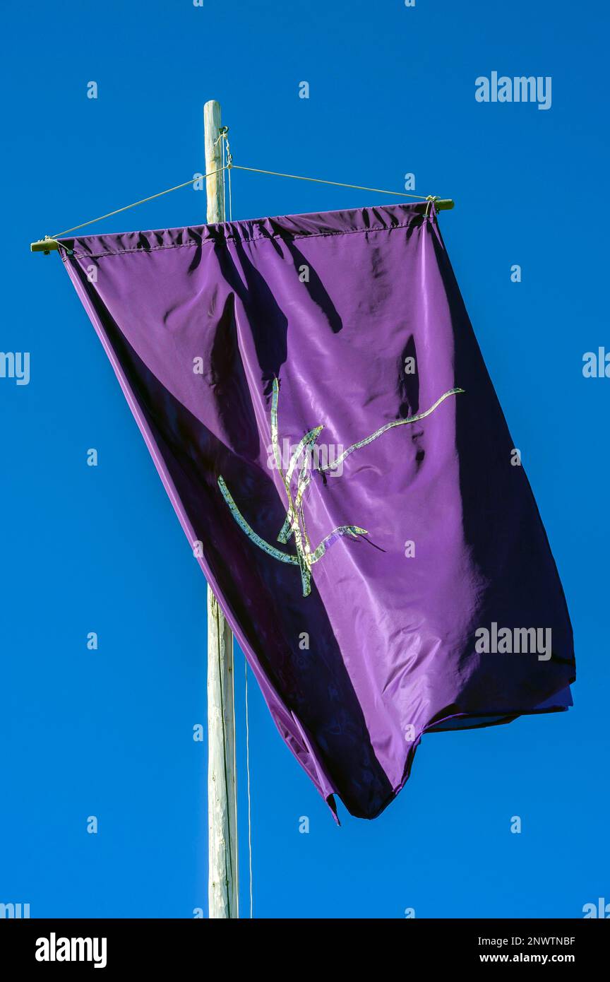 Drapeau violet avec logo sur le terrain de l'école libre Albris, Steiner School de 1974, Albris près de Kempten, Allgaeu, Bavière, Allemagne Banque D'Images