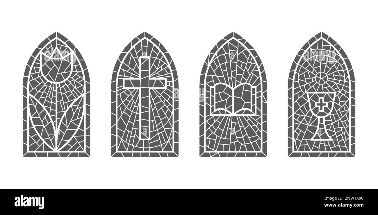 Fenêtres en verre de l'église. Mosaïques colorées cadres catholiques avec croix, livre et symboles religieux. Ensemble de vecteurs isolé sur fond blanc Illustration de Vecteur