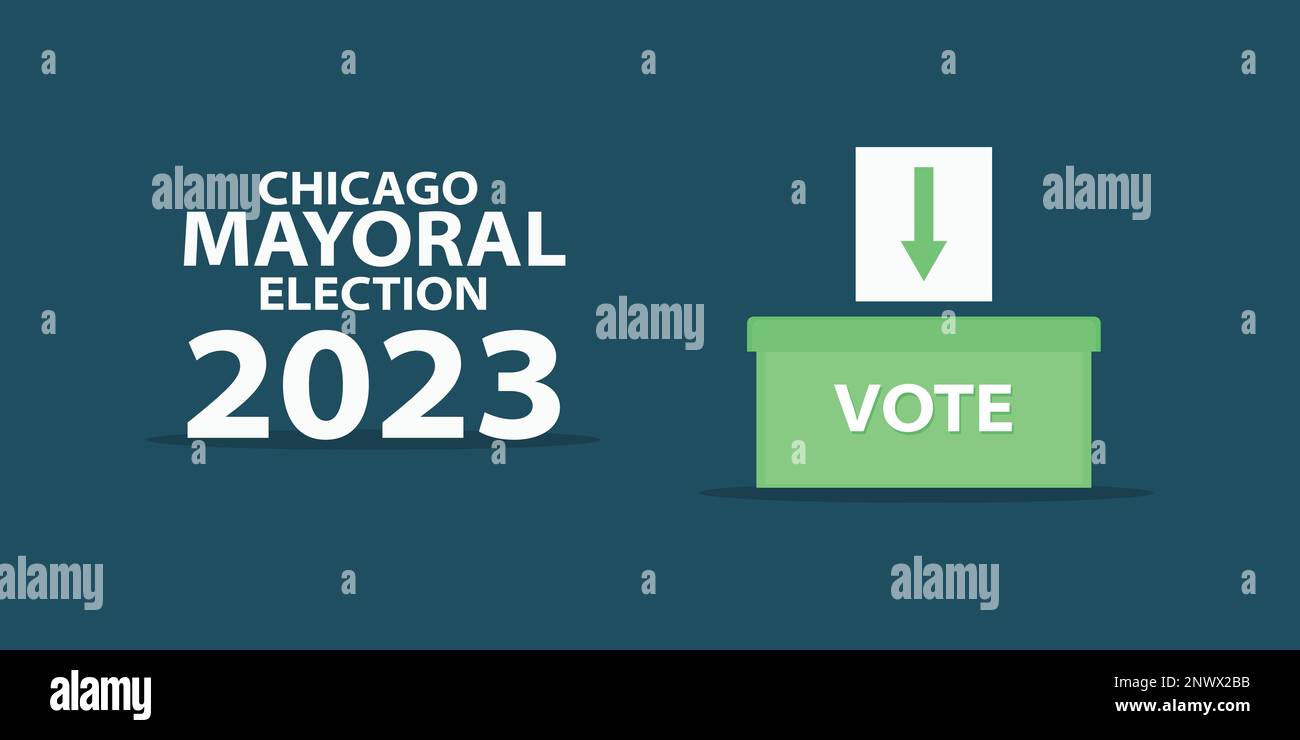 Élections au maire de Chicago 2023 isolées sur fond bleu foncé. Illustration graphique vectorielle des élections municipales américaines. Flèche sur le papier blanc en cours de diffusion Illustration de Vecteur