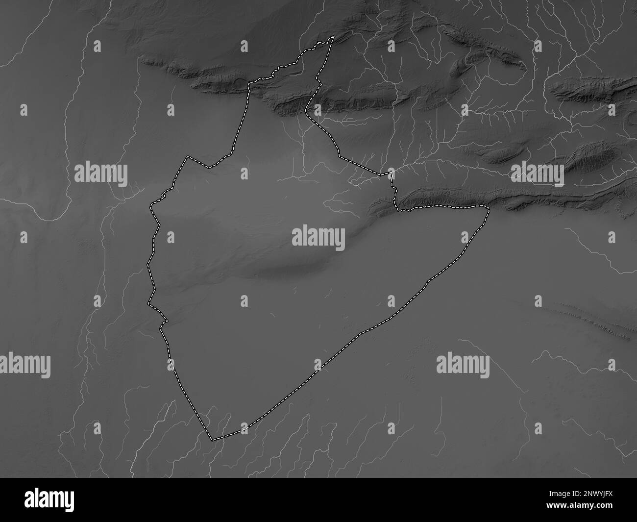 Tozeur, gouvernorat de Tunisie. Carte d'altitude en niveaux de gris avec lacs et rivières Banque D'Images