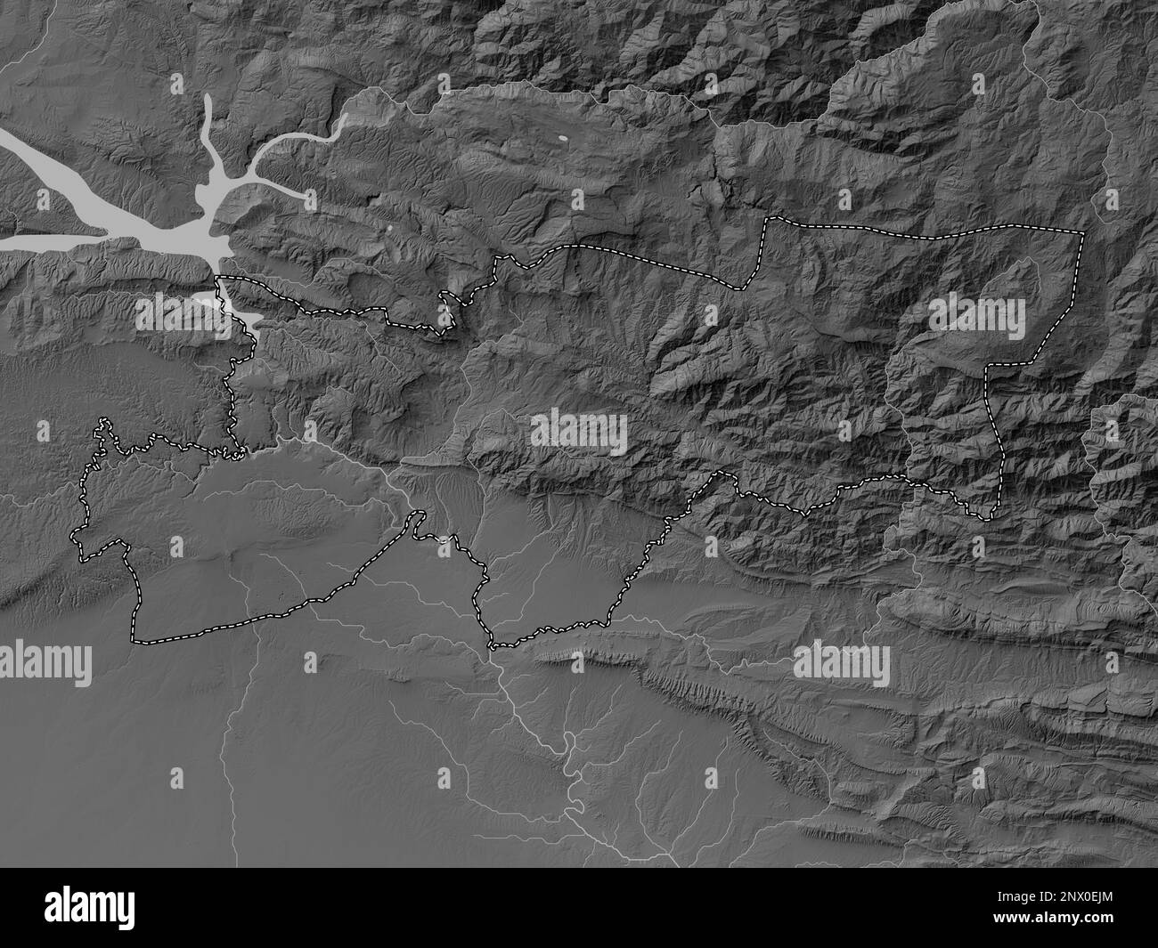 Srnak, province du Turkiye. Carte d'altitude en niveaux de gris avec lacs et rivières Banque D'Images