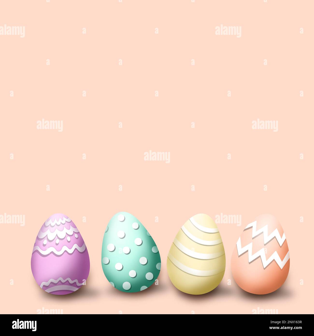 Pastel 3D Pâques oeufs pastel colorés au fond avec un fond orange pâle clair, dessin ludique doux pour le papier peint de vacances, bannière, socials. Banque D'Images