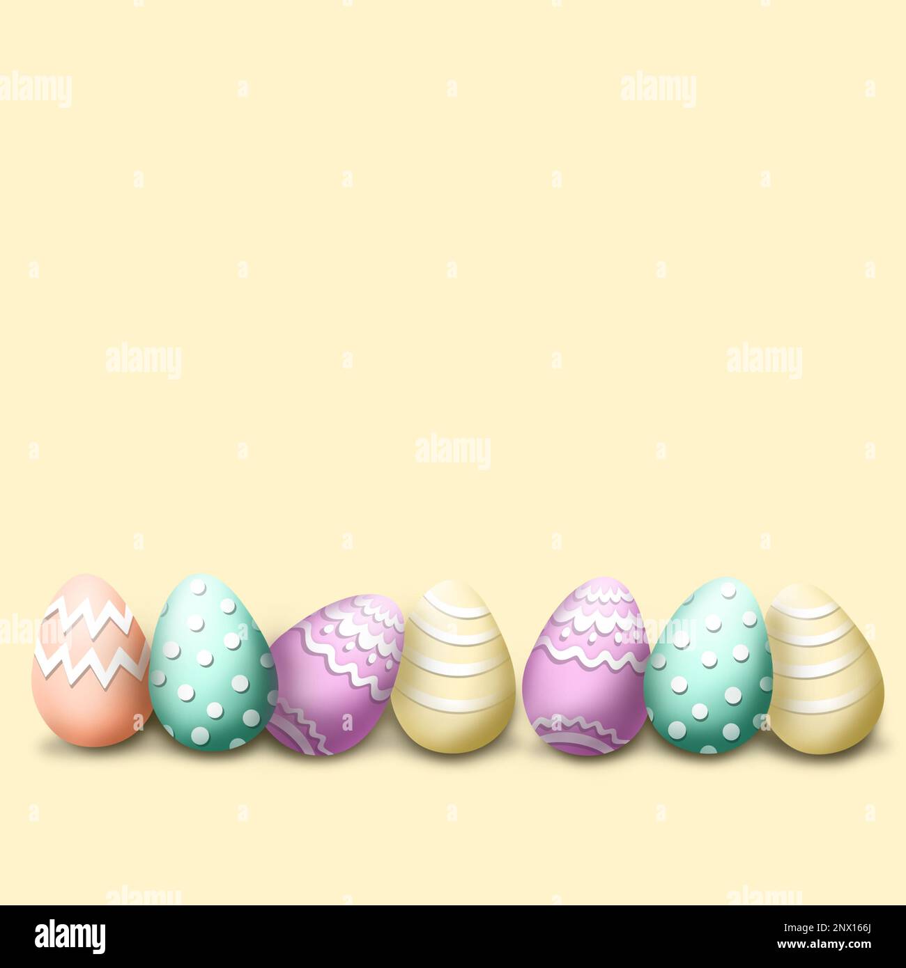 Pastel 3D oeufs de Pâques - dessin ludique doux pour les vacances - bannière, papier peint, carte postale, poste sur les médias sociaux avec espace de copie pour le texte; oeufs colorés Banque D'Images