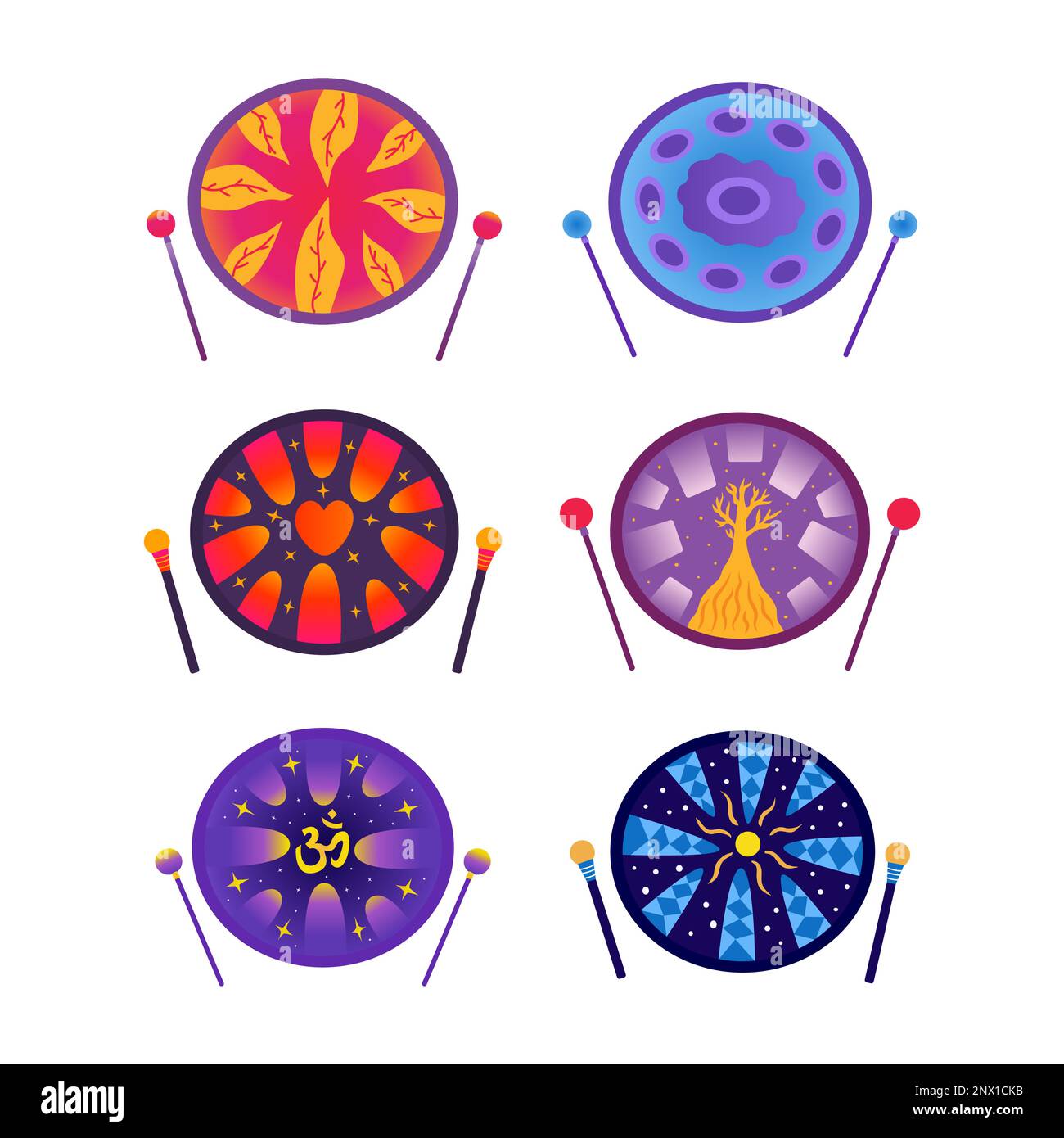 Jeu d'instruments de musique pendent le tambour, le gluconophone avec des pilons. Impression différente tracée au centre. Musique pour la méditation, la connaissance spirituelle. Coloré Illustration de Vecteur