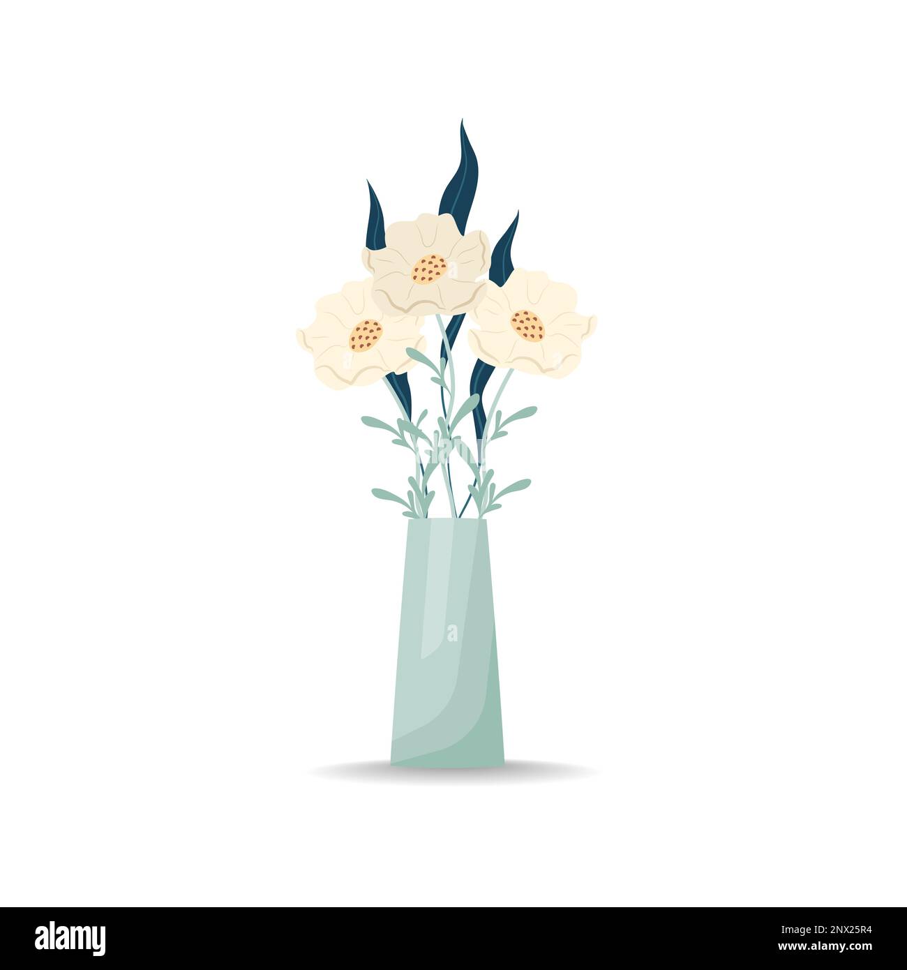 Bouquet de fleurs dans un vase. Coquelicots blancs. Illustration vectorielle de style plat, boho. Fleurs de la carnation en fleurs, feuilles décoratives Illustration de Vecteur