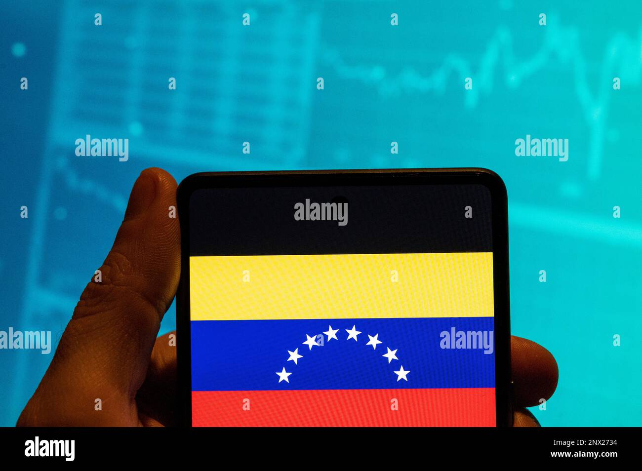 Chine. 19th févr. 2023. Dans cette illustration, le drapeau de la République bolivarienne du Venezuela est affiché sur un smartphone avec un graphique de l'indice boursier économique en arrière-plan. Crédit : SOPA Images Limited/Alamy Live News Banque D'Images