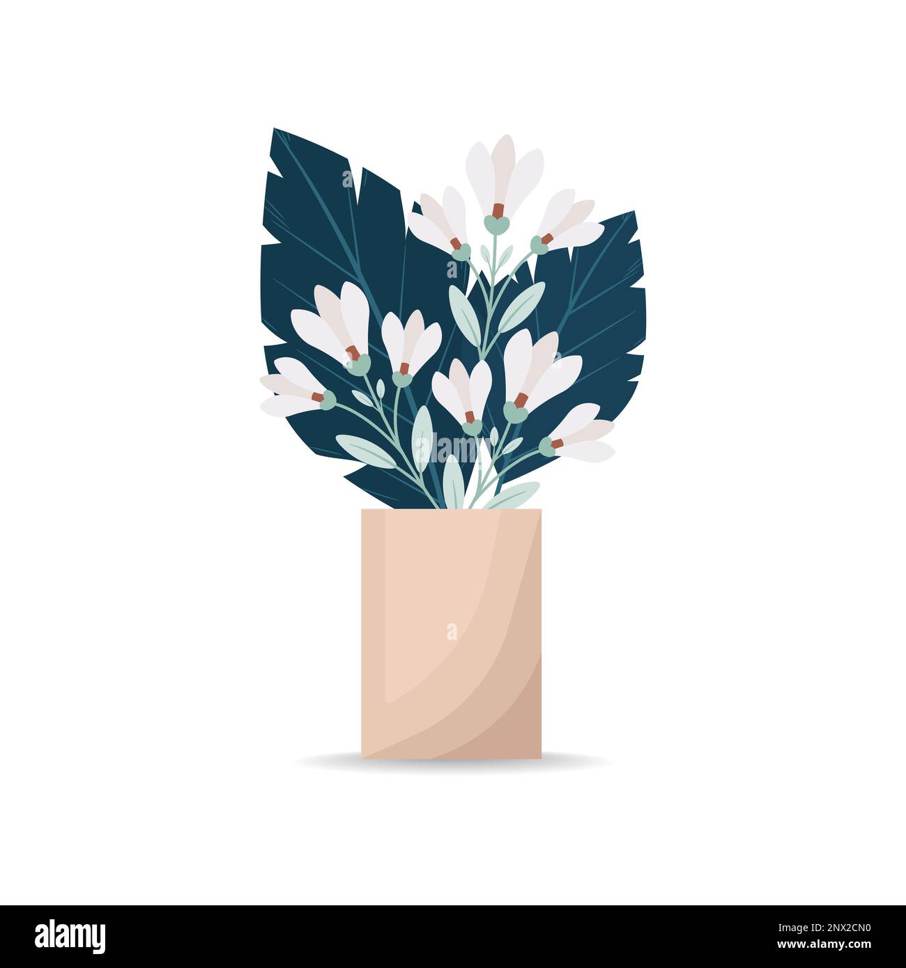 Un bouquet de lys fleuris et de grandes feuilles décoratives dans un vase. Un bouquet de fleurs dans un vase. Illustration vectorielle de style plat, boho. Illustration de Vecteur