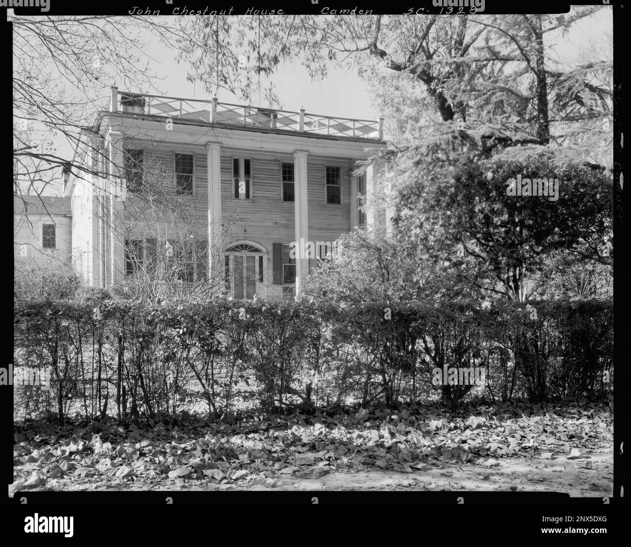 John Chestnut House, Camden, comté de Kershaw, Caroline du Sud. Carnegie Etude de l'architecture du Sud. États-Unis Caroline du Sud Kershaw County Camden, Columns, Houses, arbustes. Banque D'Images