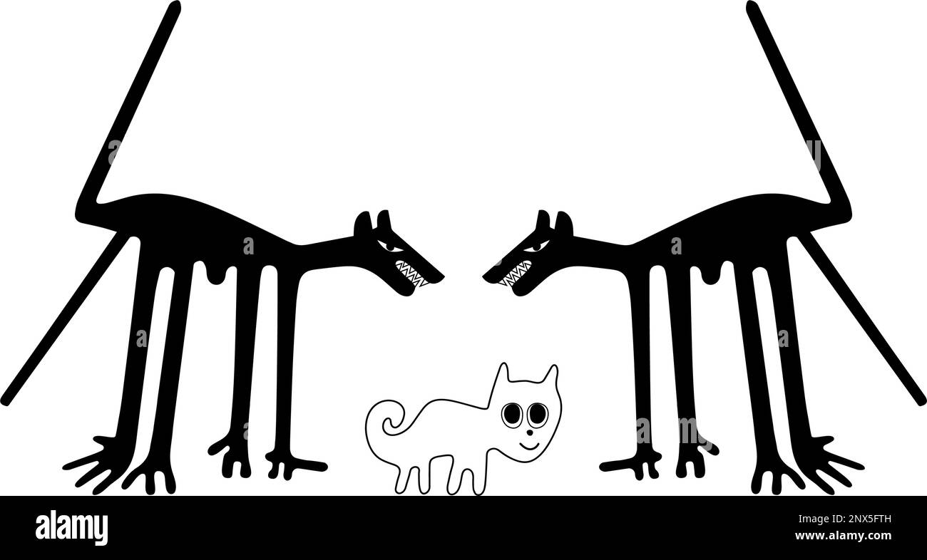 Les chiens et le chat - une paraphrase des célèbres géoglyphes de Nazca Illustration de Vecteur