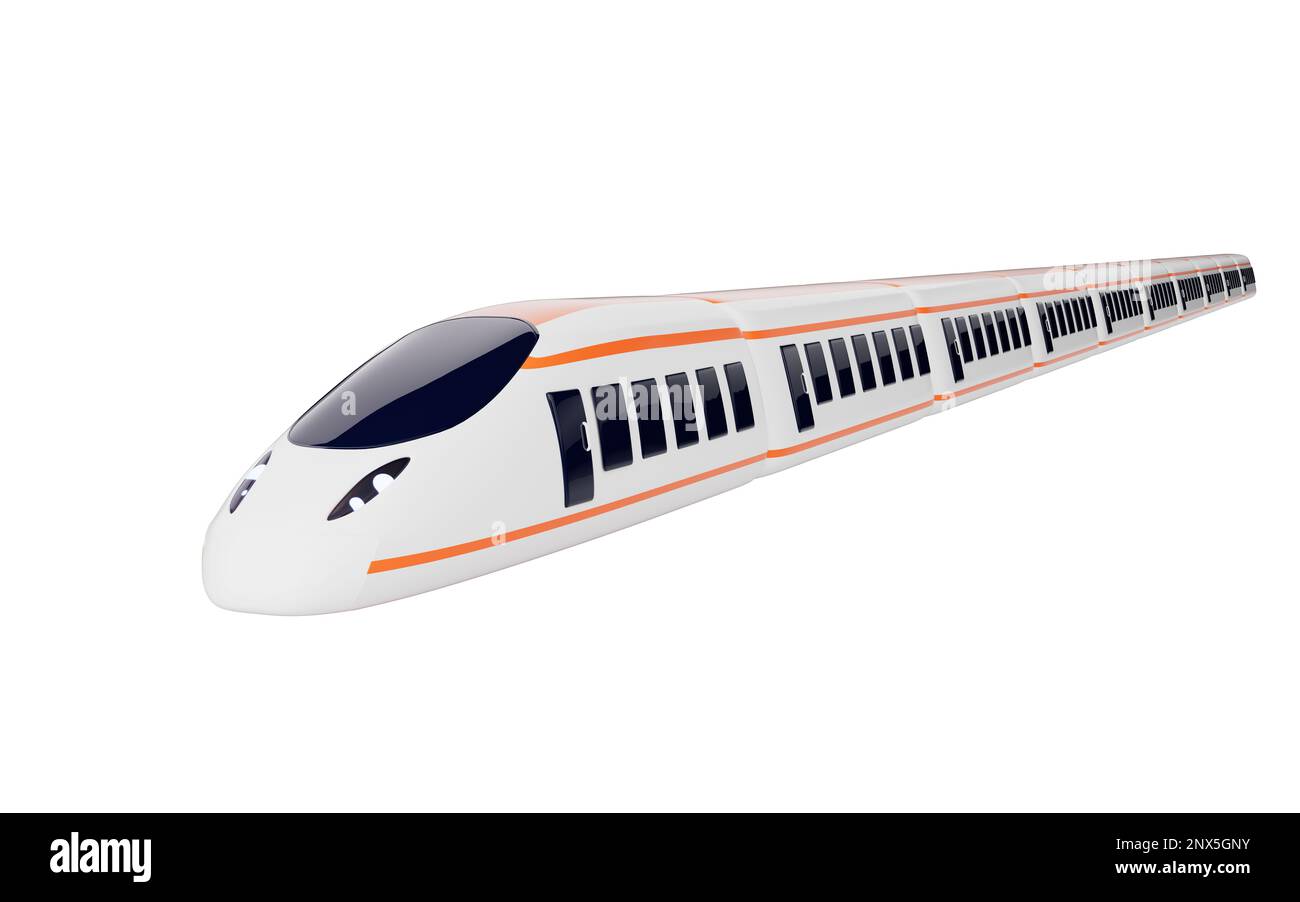 Train à grande vitesse de dessin animé sur fond blanc, rendu 3D.dessin numérique. Banque D'Images
