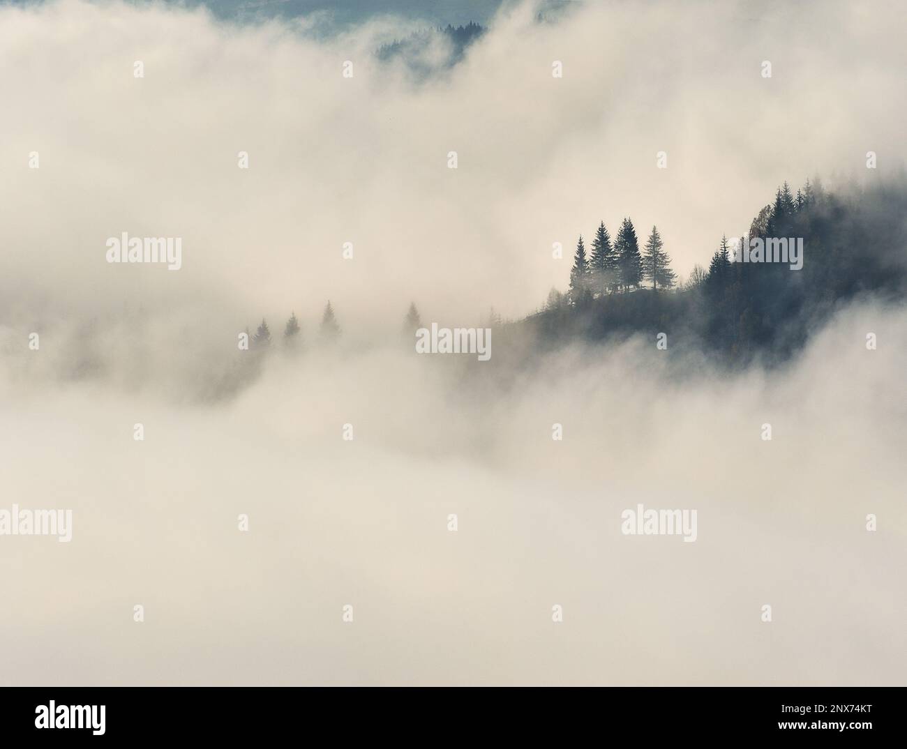Silhouettes de montagne dans le brouillard. Paysage graphique sur le thème des montagnes Banque D'Images