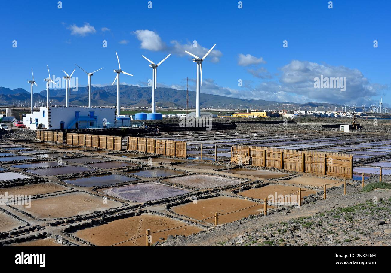 Le sel de mer s'évase à las Salinas de Tenefé avec des éoliennes près d'Arinaga, Gran Canaria Banque D'Images Le sel de mer s'évase à las Salinas de Tenefé avec des éoliennes près d'Arinaga, Gran Canaria Banque D'Images