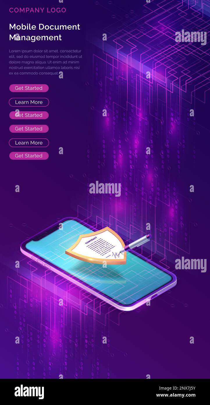Illustration isométrique du vecteur de concept commercial Mobile document Manager ou e-signature. Signature de contrat en ligne sur écran de smartphone numérique avec écran de protection, bannière verticale violette avec cascade de données Illustration de Vecteur