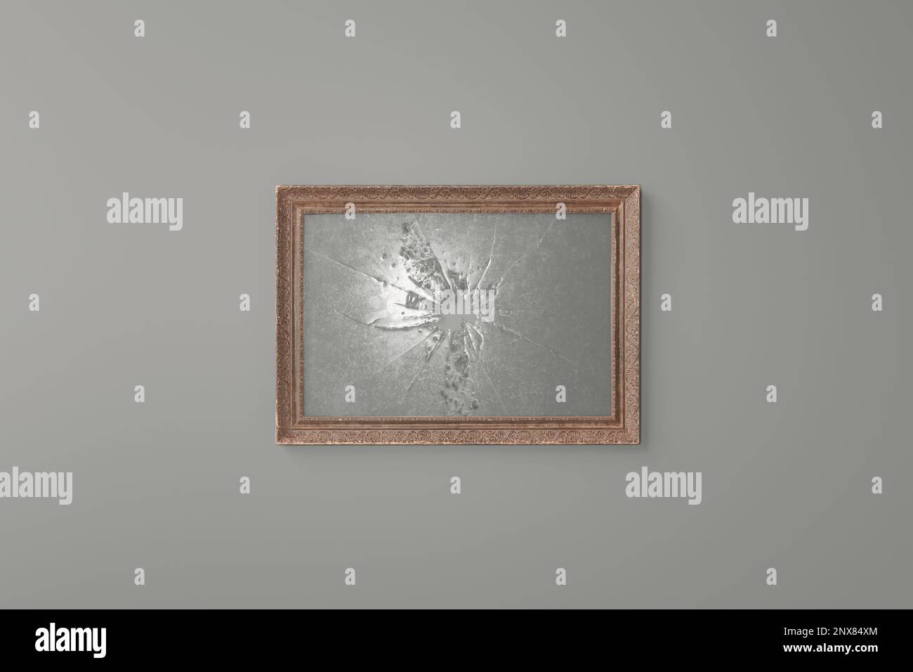 3d rendu d'un cadre photo vintage avec plaque de verre cassée devant un arrière-plan gris Banque D'Images