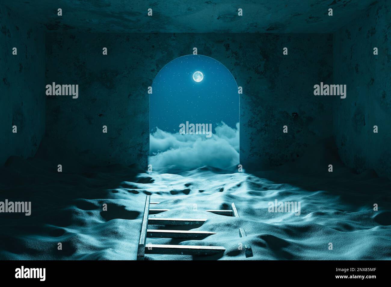 3d rendu de vieilles ruines d'un bâtiment couvert de sable et de nuages la nuit Banque D'Images