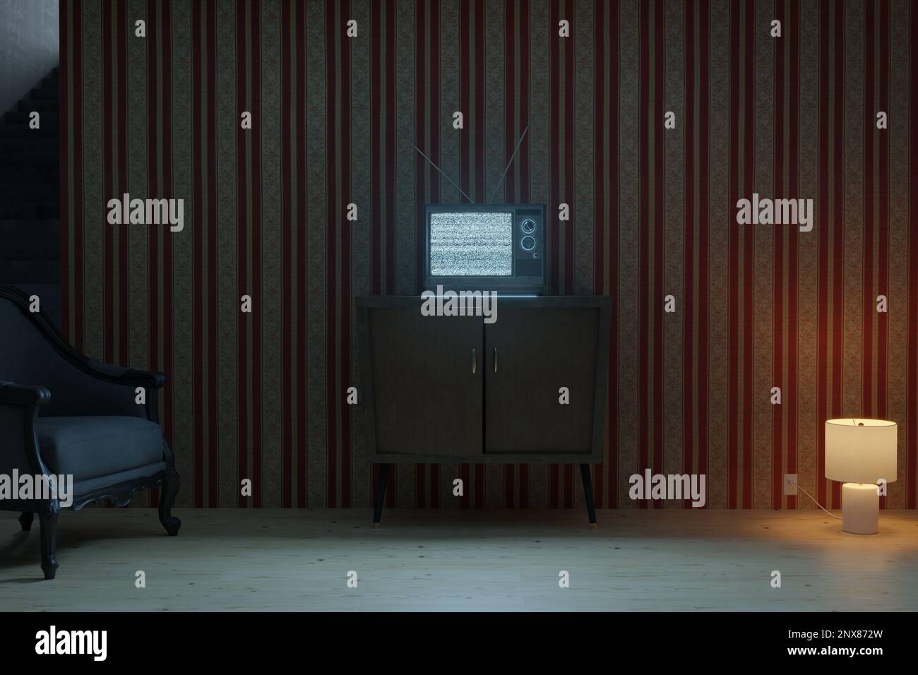 3d rendu d'un salon rétro avec une vieille télévision avec écran statique lumineux Banque D'Images