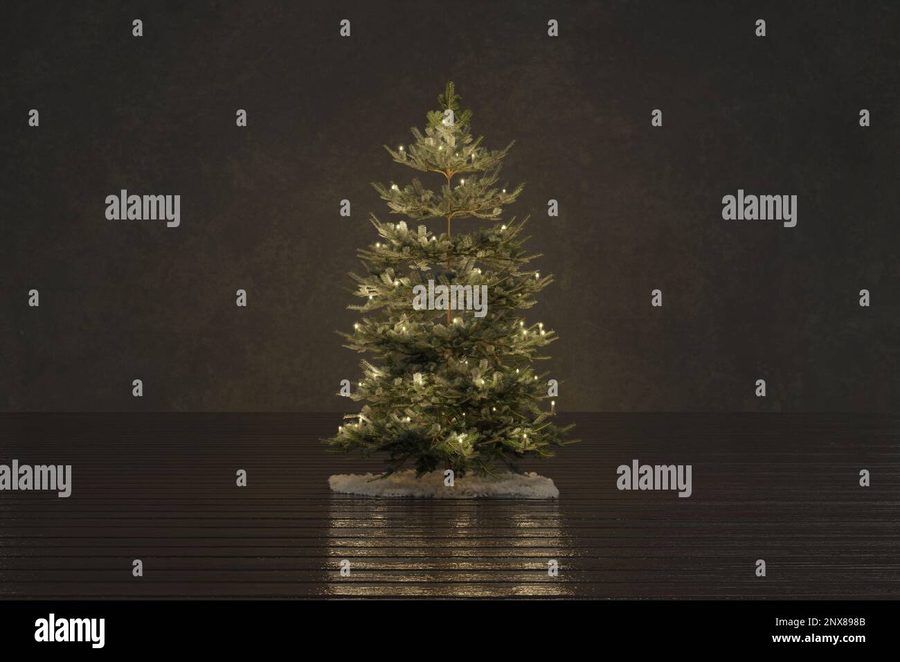 3D réalisation d'un arbre de Noël décoré de chandelles debout dans une pièce brune Banque D'Images