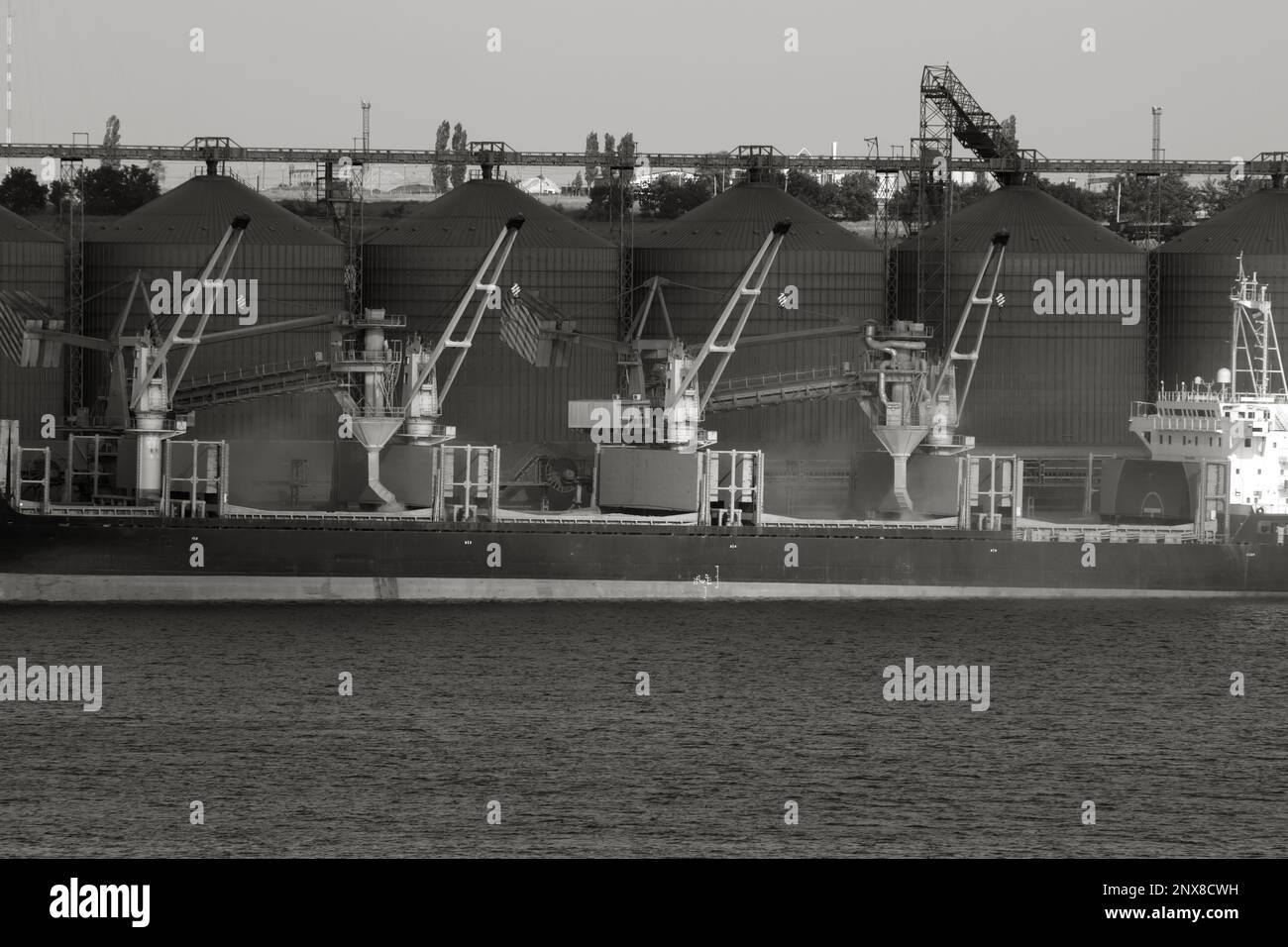 Chargement du grain dans les soutes du navire de cargaison maritime sur la ligne automatique dans le port maritime à partir des silos de stockage du grain. Soute de chargement en vrac avec grain. Couloir de grain d Banque D'Images
